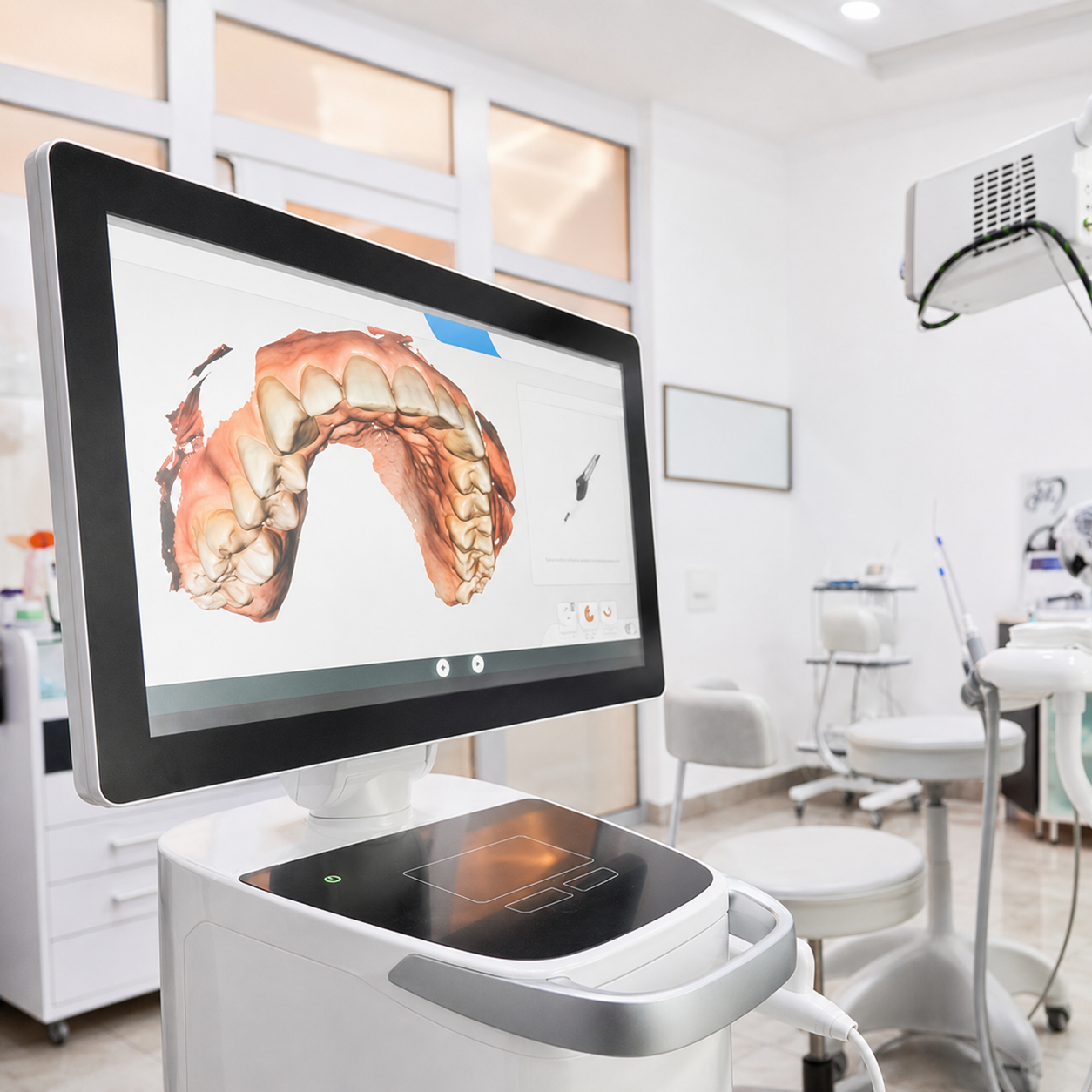 Equipamento de escaneamento digital exibindo arcada dentária em tela